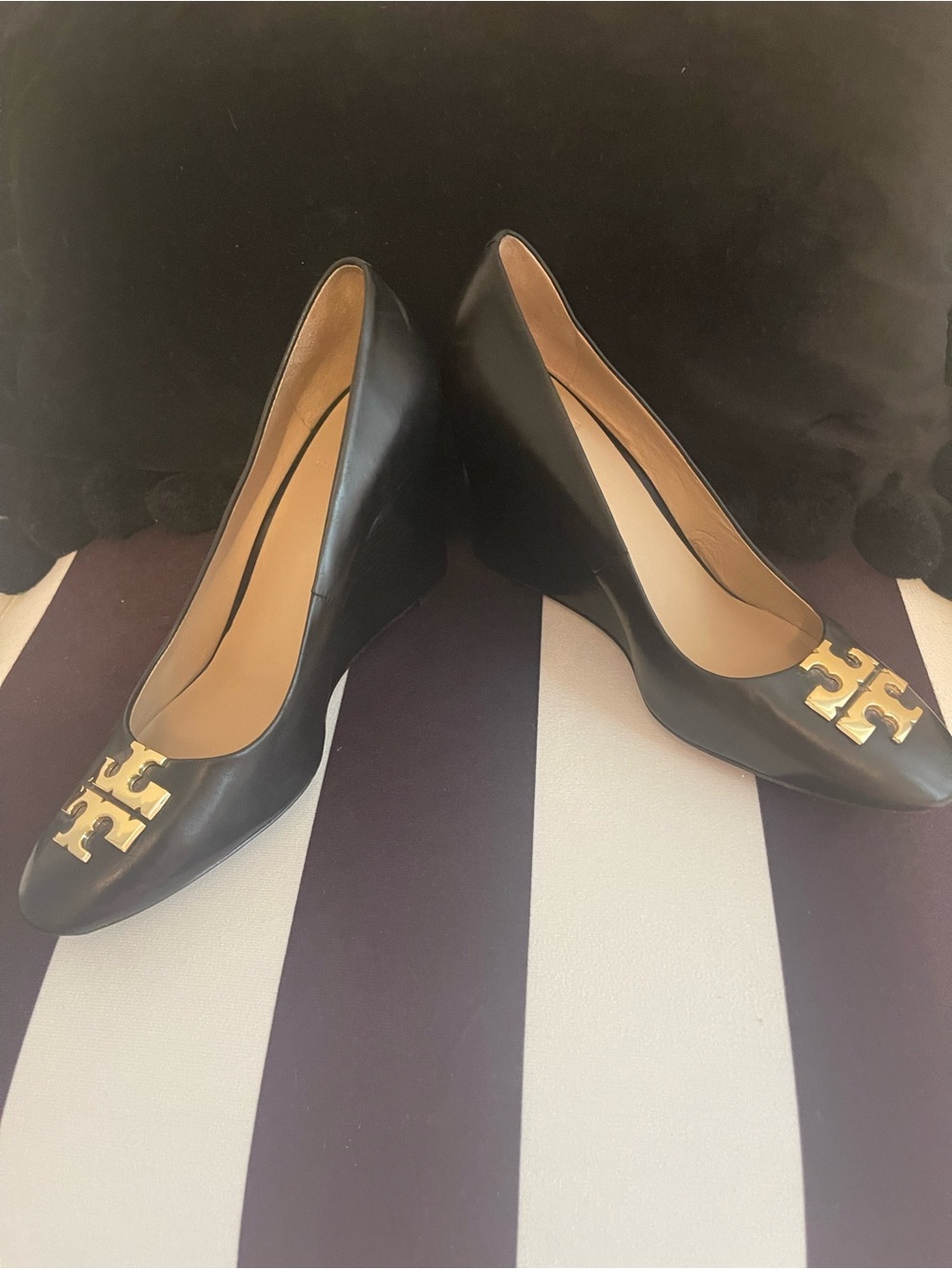 Tory Burch Black Leather Wedge Pumps with Gold Logo Ornament